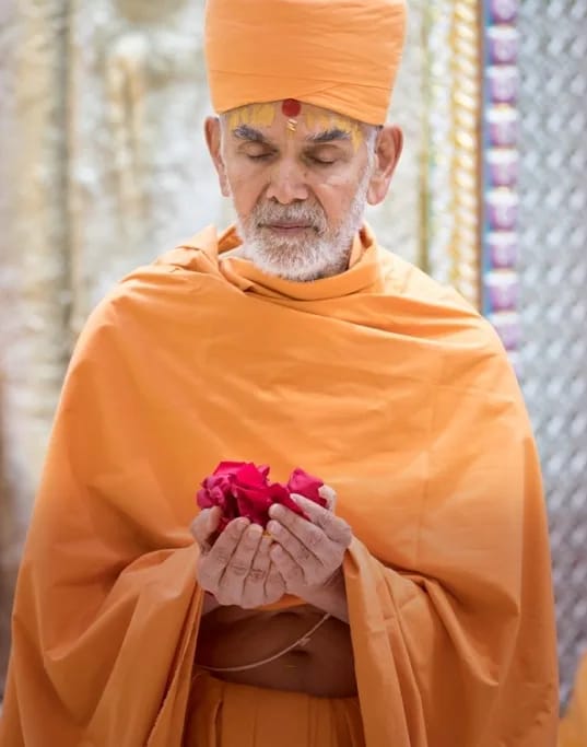 Mahant Swami Maharaj holding rose petals during morning puja