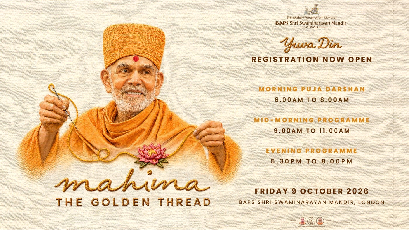Yuva Din 2026 poster: Mahima, The Golden Thread, Friday 9 October at BAPS Shri Swaminarayan Mandir, London