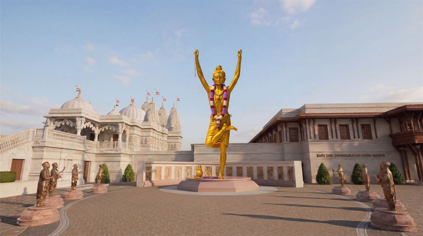 A visualisation of the gilded Tapomurti Nilkanth Varni murti standing in the Mandir forecourt